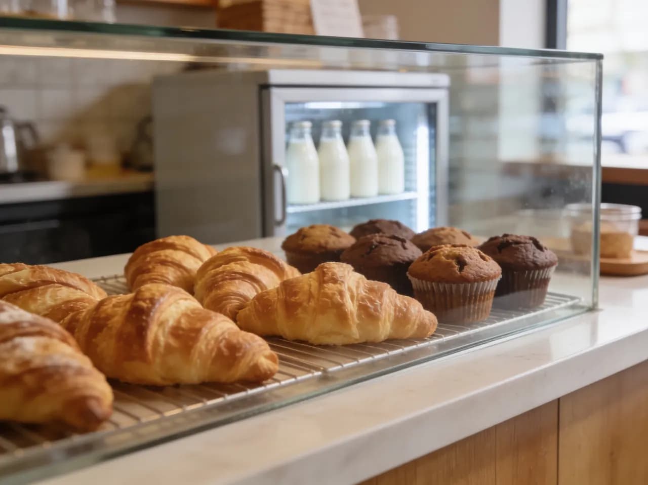 Vitrina de cafetería con croissants y muffins frescos, y botellas de leche en la refrigeradora