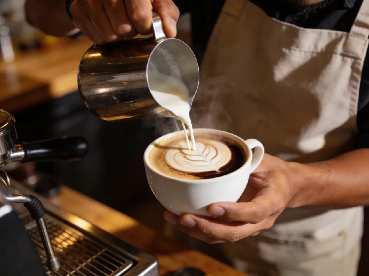 Barista sirviendo arte latte en una taza de cappuccino en la barra de espresso