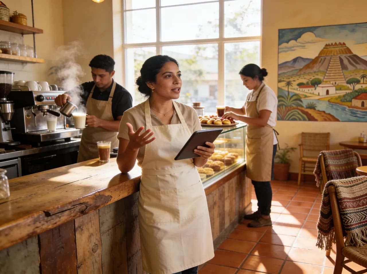 Dueña de la cafetería revisando una tablet en su segundo local mientras el equipo trabaja