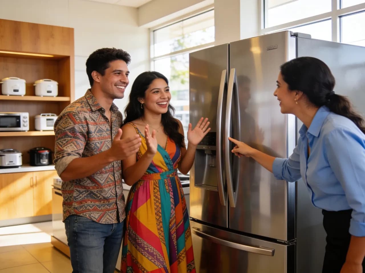 Pareja joven comprando una refrigeradora con la asesoría de una vendedora en la sala de exhibición