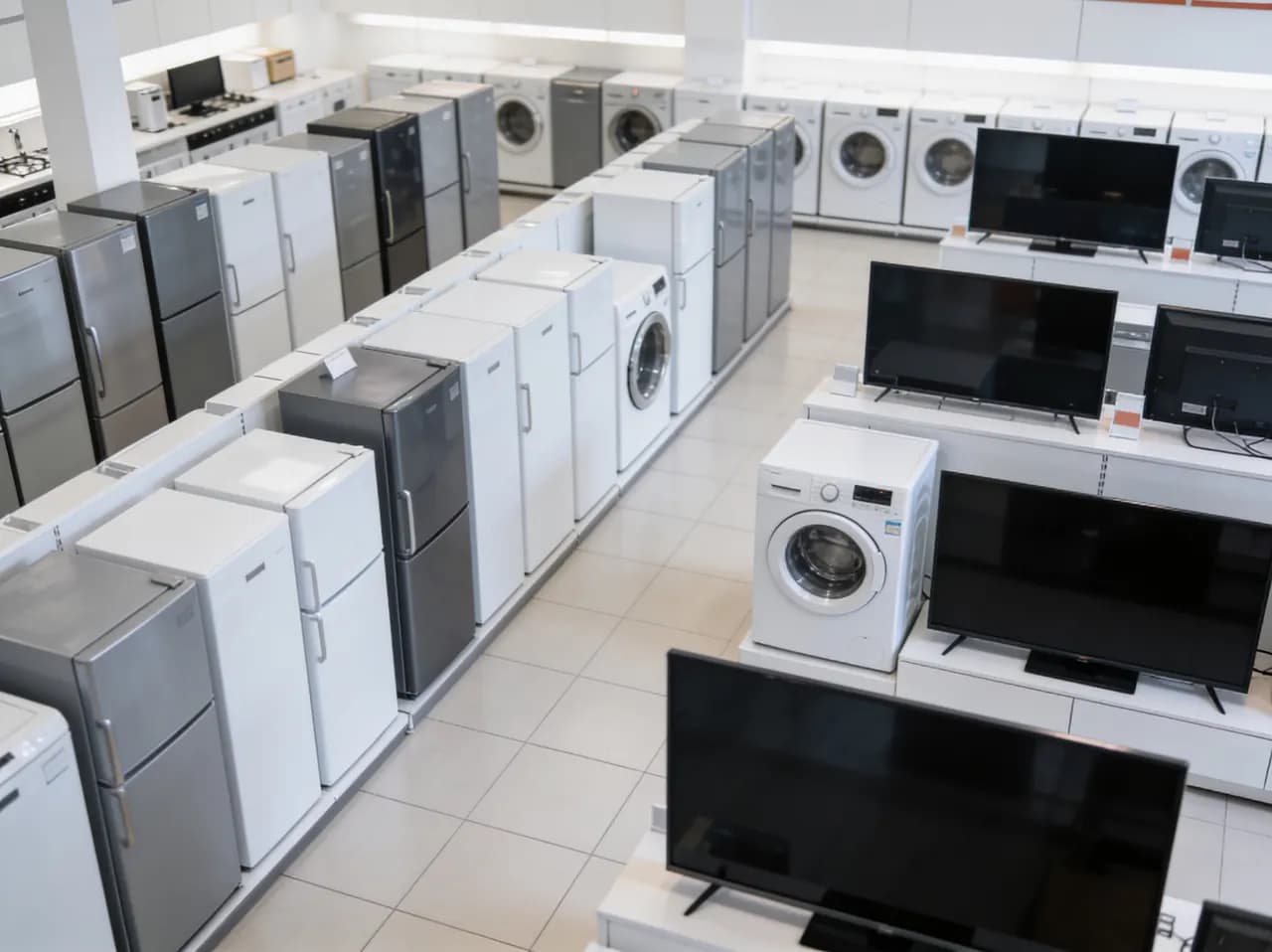 Sala de exhibición con filas ordenadas de refrigeradoras, lavadoras y televisores