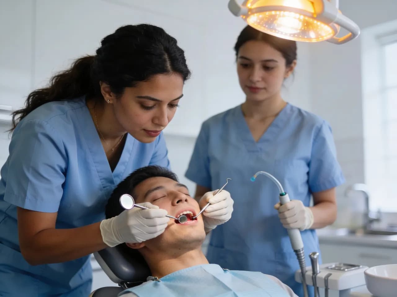 Odontóloga atendiendo con delicadeza a un paciente recostado en el sillón dental