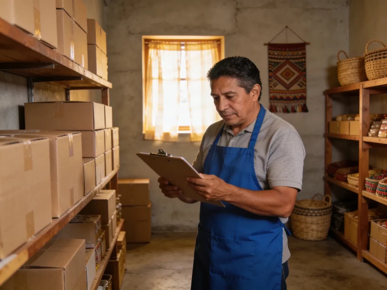 Dueño del comercio revisando existencias con una tabla en una bodega ordenada