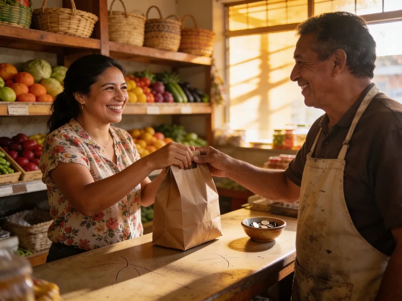 Clienta frecuente recibiendo su bolsa de compras con una sonrisa en el mostrador