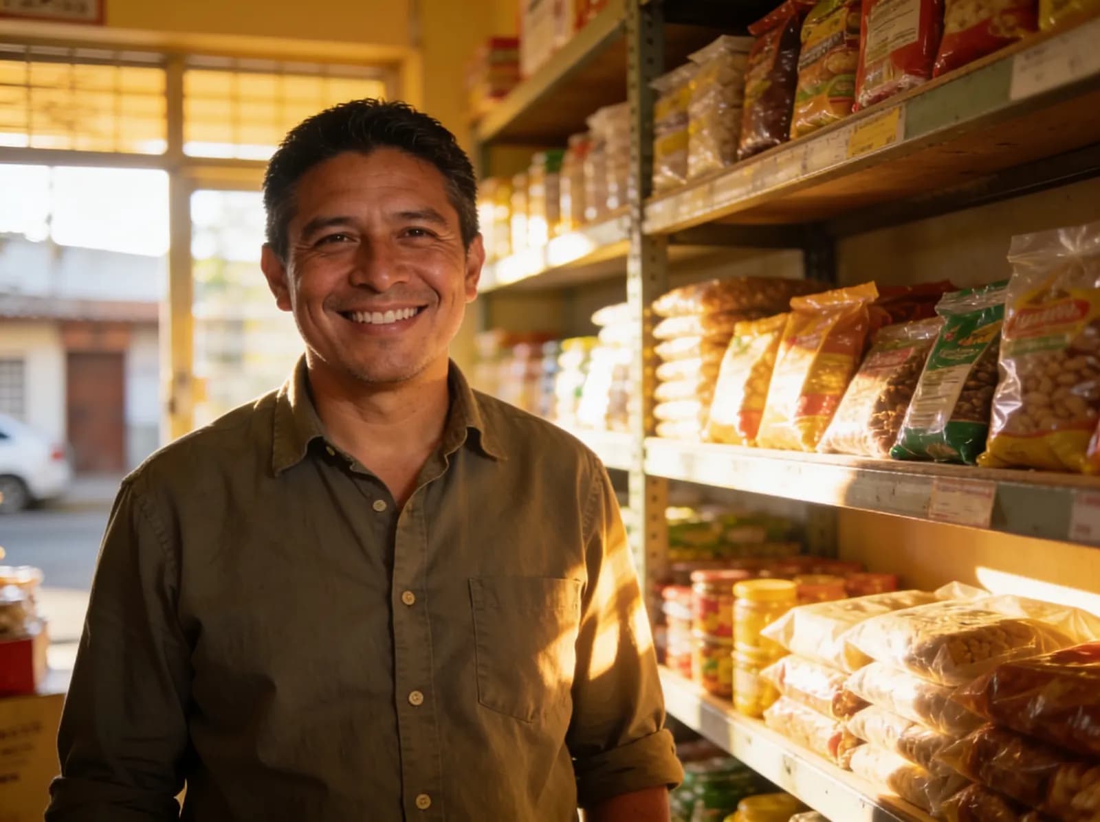 Dueño de una distribuidora de abarrotes sonriendo en su tienda, con estantes surtidos al fondo
