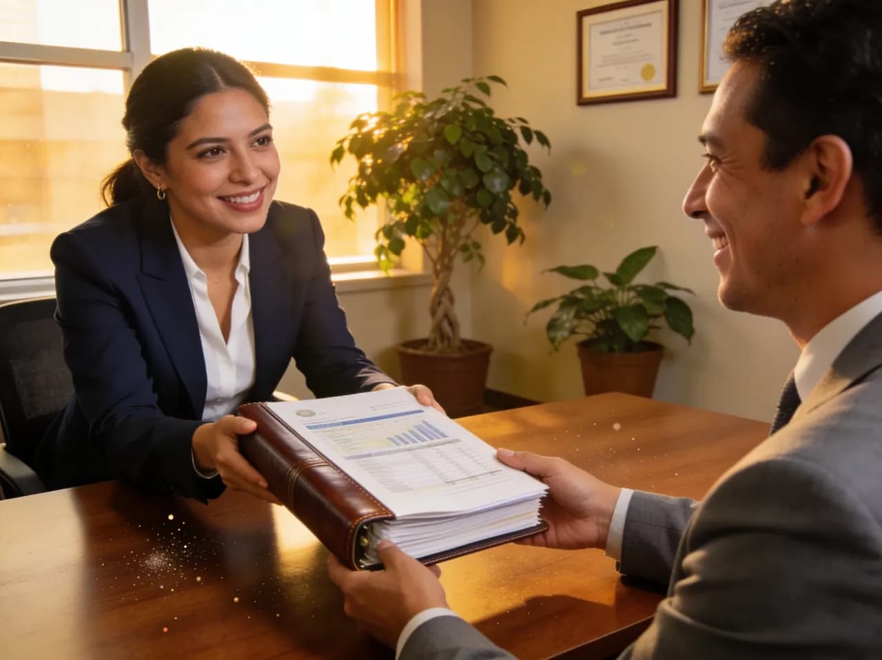 Contadora entregando un reporte financiero encuadernado a un cliente satisfecho en su despacho