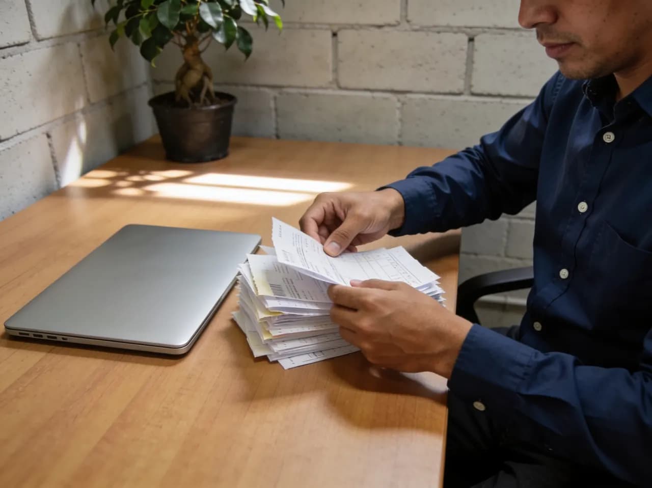 Contador organizando facturas y recibos en papel junto a su laptop en un escritorio limpio