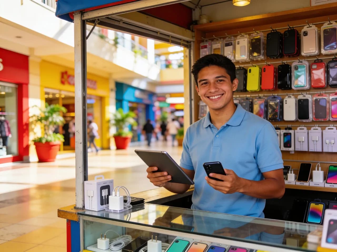 Vendedora en un kiosco de centro comercial facturando una venta de accesorios desde una tablet