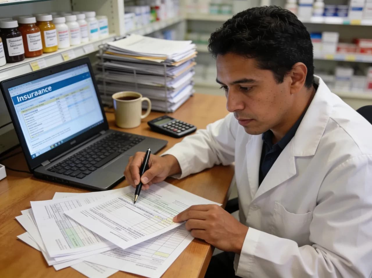 Administradora de la farmacia revisando facturas y papeleo del convenio con la aseguradora en la oficina