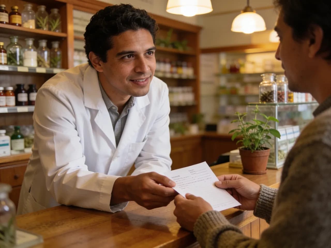 Farmacéutico atendiendo a una clienta que entrega su receta médica en el mostrador