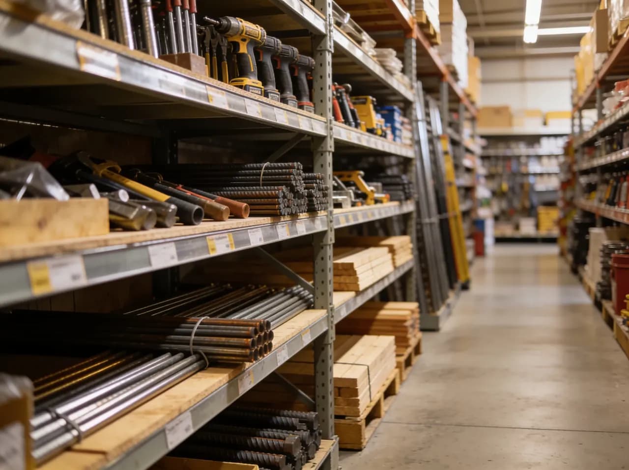 Estanterías de ferretería ordenadas con herramientas, varillas y materiales de construcción