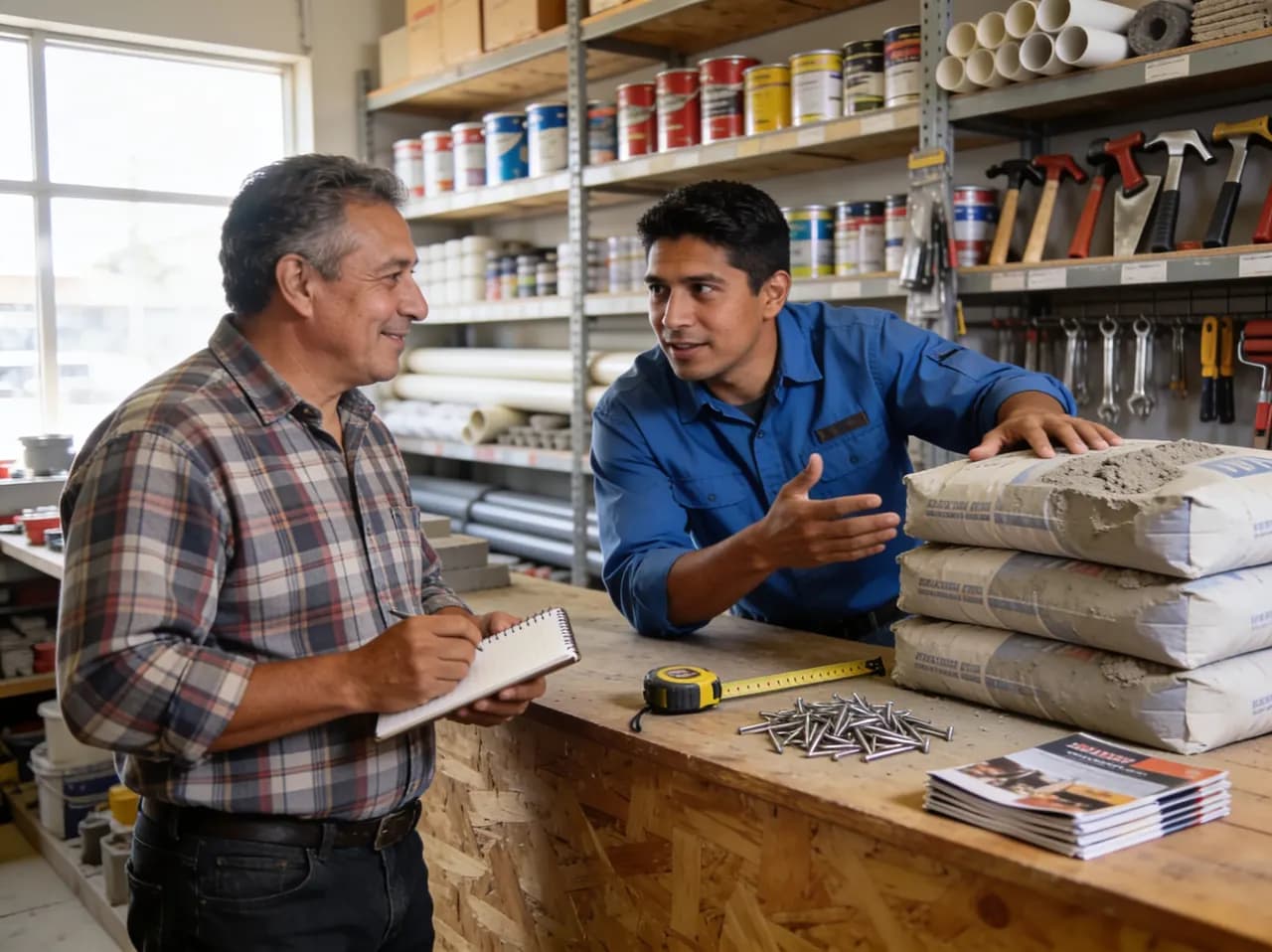 Vendedor de ferretería atendiendo a un cliente en el mostrador sobre materiales de construcción