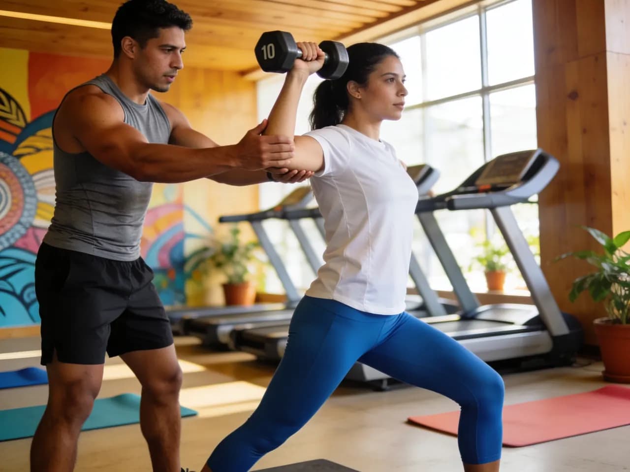 Entrenador personal guiando a un cliente en un ejercicio con mancuernas