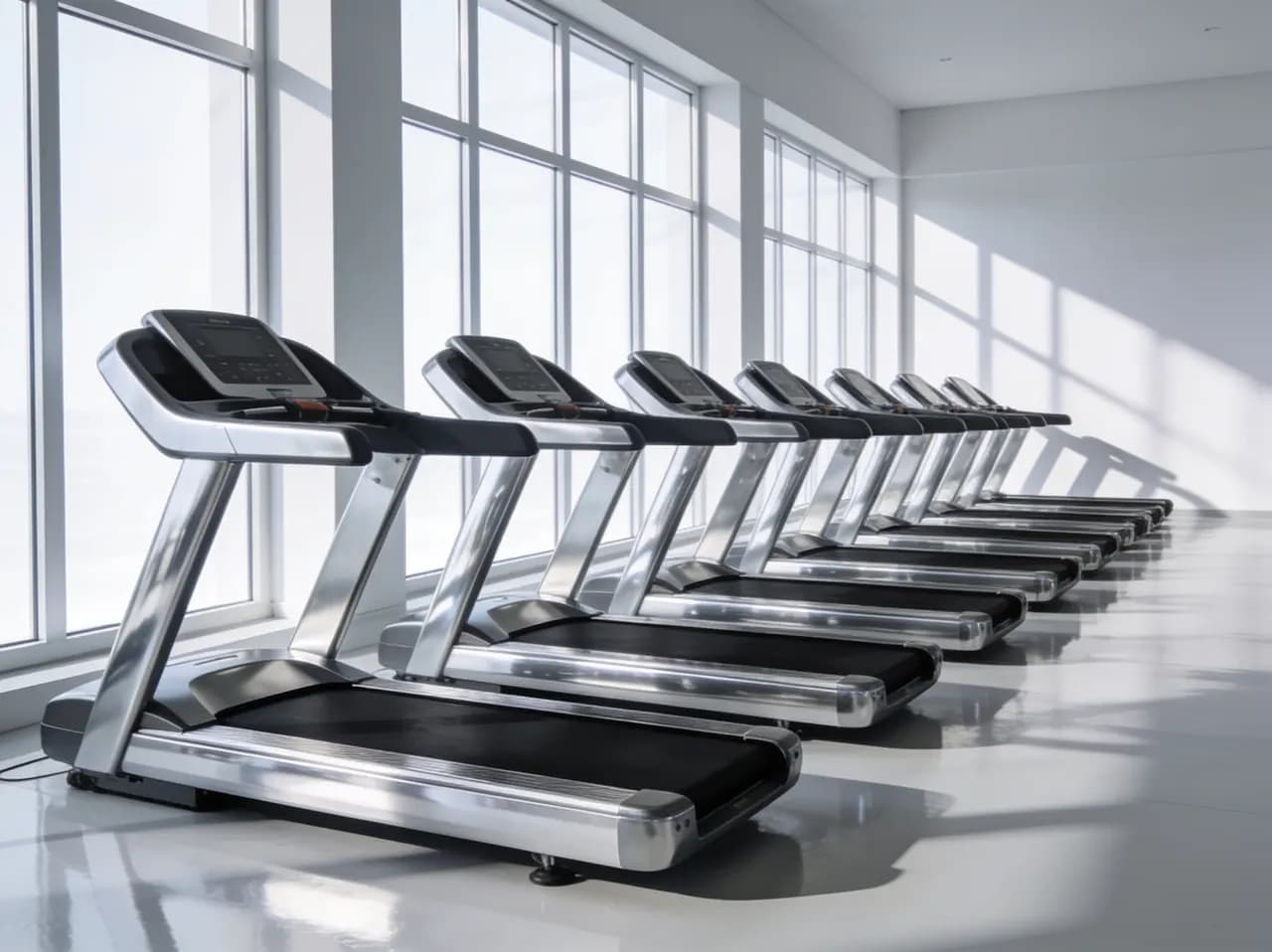 Fila de caminadoras en perfecto estado en un gimnasio luminoso