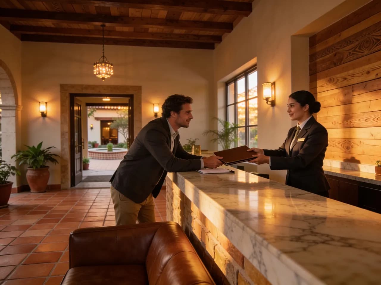 Huésped cerrando su cuenta en la recepción del hotel al atardecer