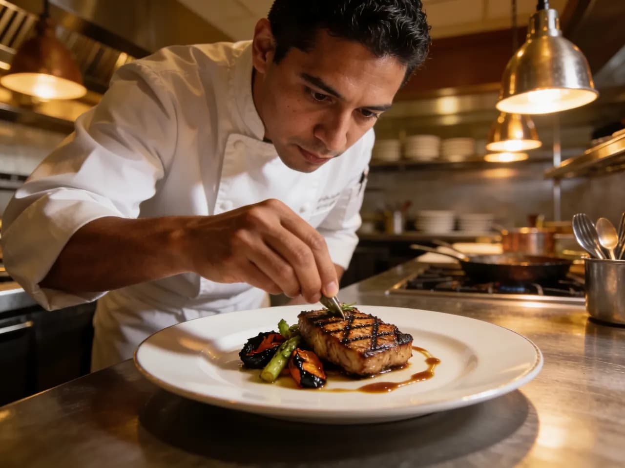 Chef emplatando un platillo a la parrilla en la cocina del restaurante del hotel