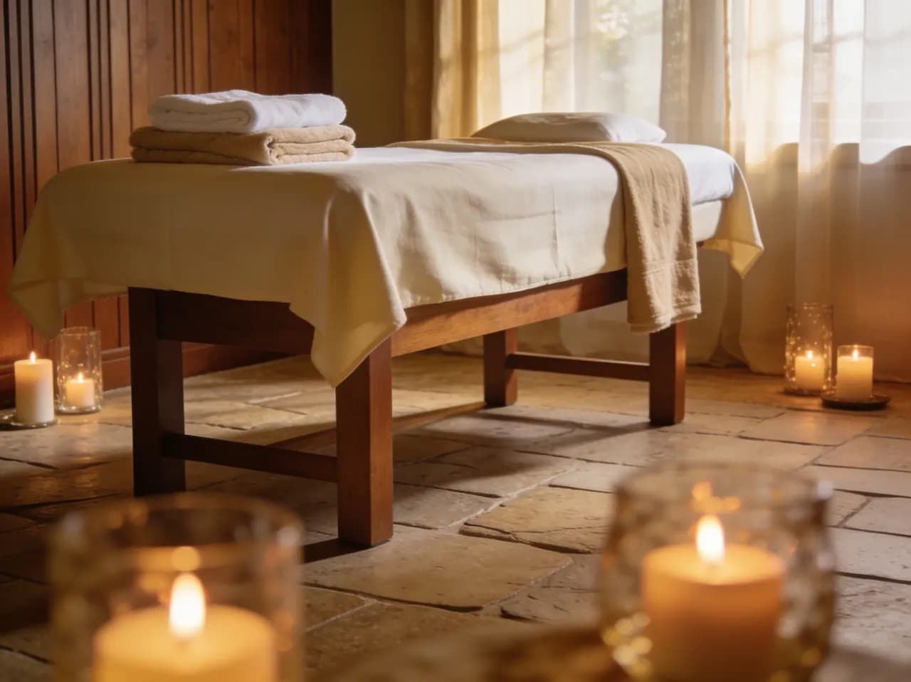 Sala de spa serena con camilla de masaje, toallas dobladas y velas
