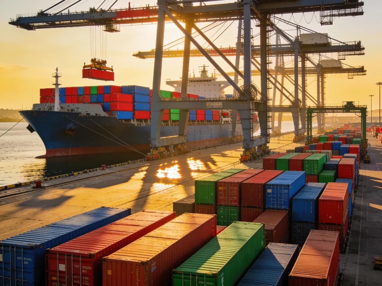 Grúas pórtico descargando contenedores de un buque en una terminal portuaria del Pacífico