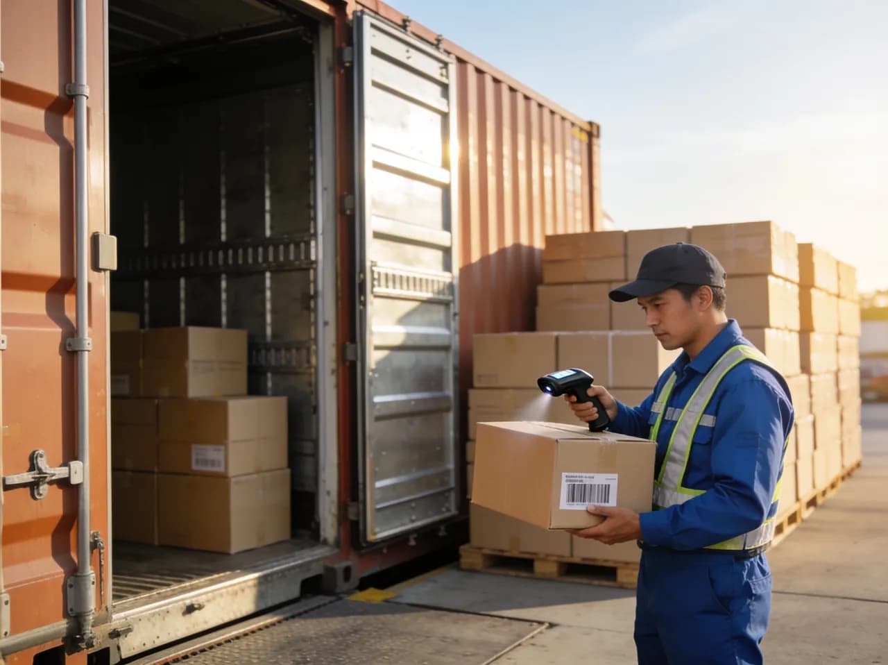 Bodeguero escaneando cajas con lector de código de barras junto a un contenedor recién abierto