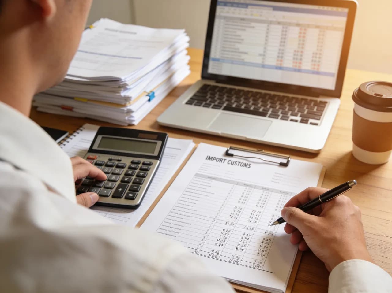 Contadora revisando la papelería aduanal de una importación con calculadora y laptop