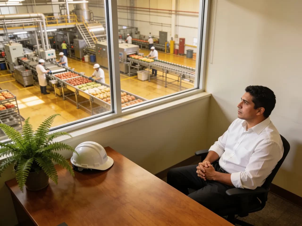 Gerente de planta en su oficina con vista al piso de producción de alimentos