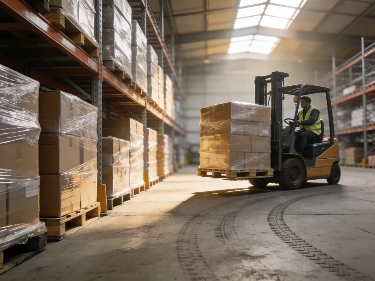 Bodega industrial con tarimas de cajas emplayadas y un montacargas en movimiento
