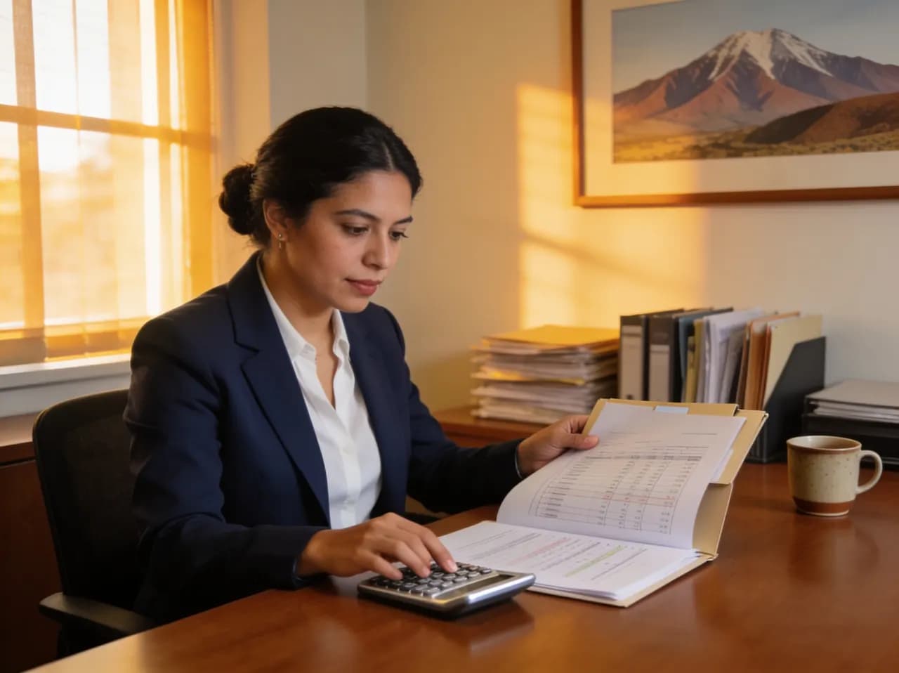 Contadora revisando cifras con calma en su escritorio al atardecer
