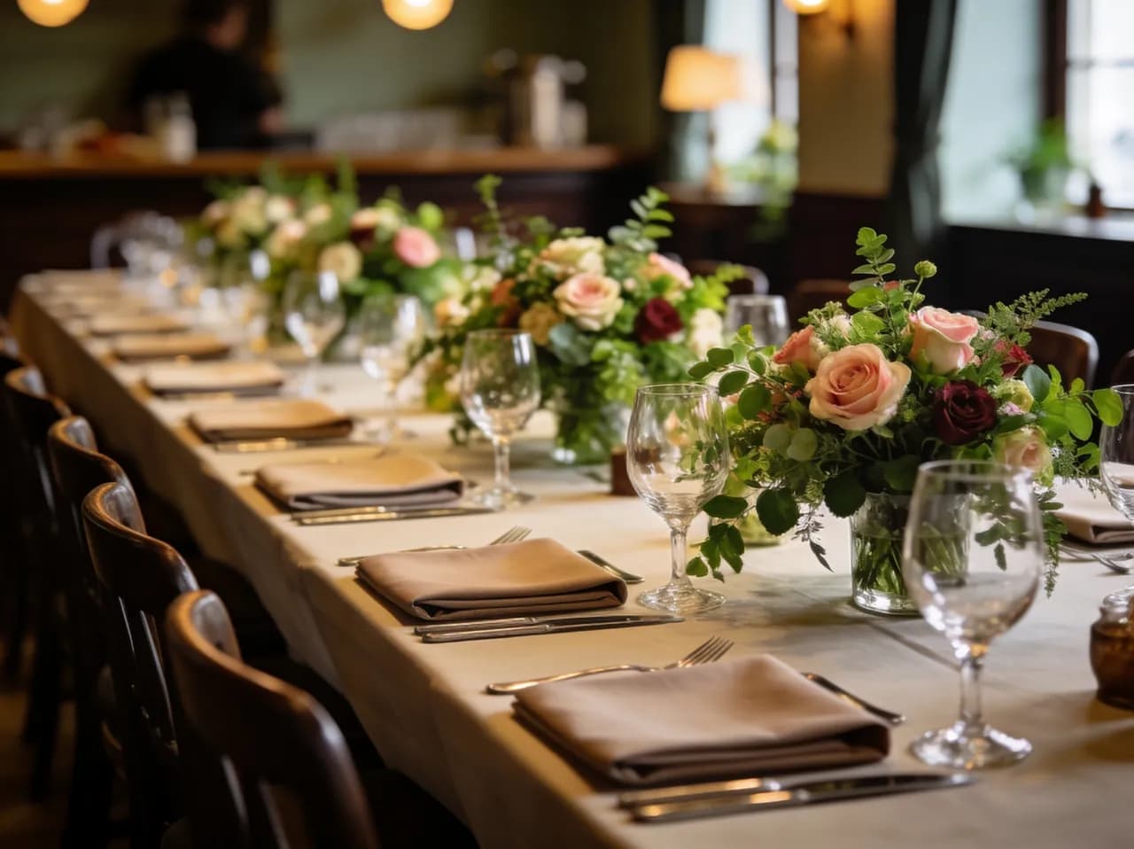 Mesa de banquete montada en el salón privado del restaurante, lista para un evento corporativo