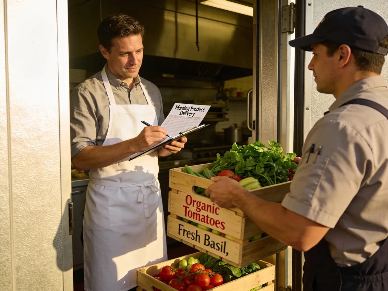 Encargado del restaurante recibiendo cajas de verduras frescas de un proveedor en la puerta trasera