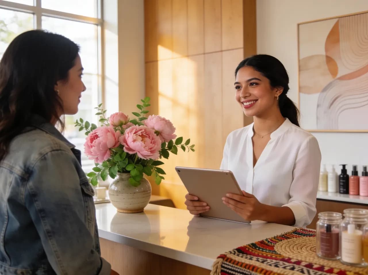 Recepcionista de un salón de belleza agendando una cita en una tablet mientras atiende a una clienta en el mostrador