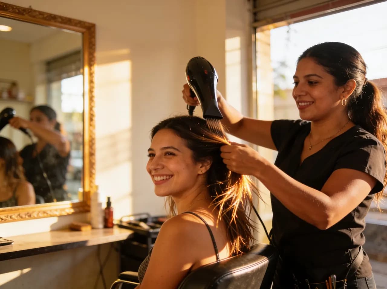 Estilista secando el cabello a una clienta sonriente en la silla del salón, con su reflejo en el espejo