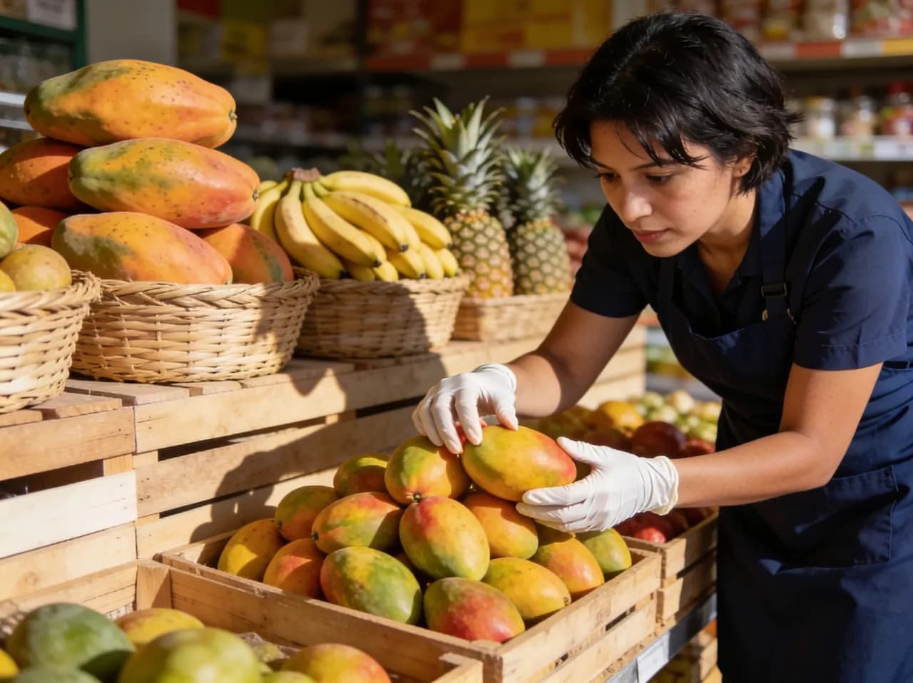 Empleada revisando la calidad de la fruta en el exhibidor de un supermercado