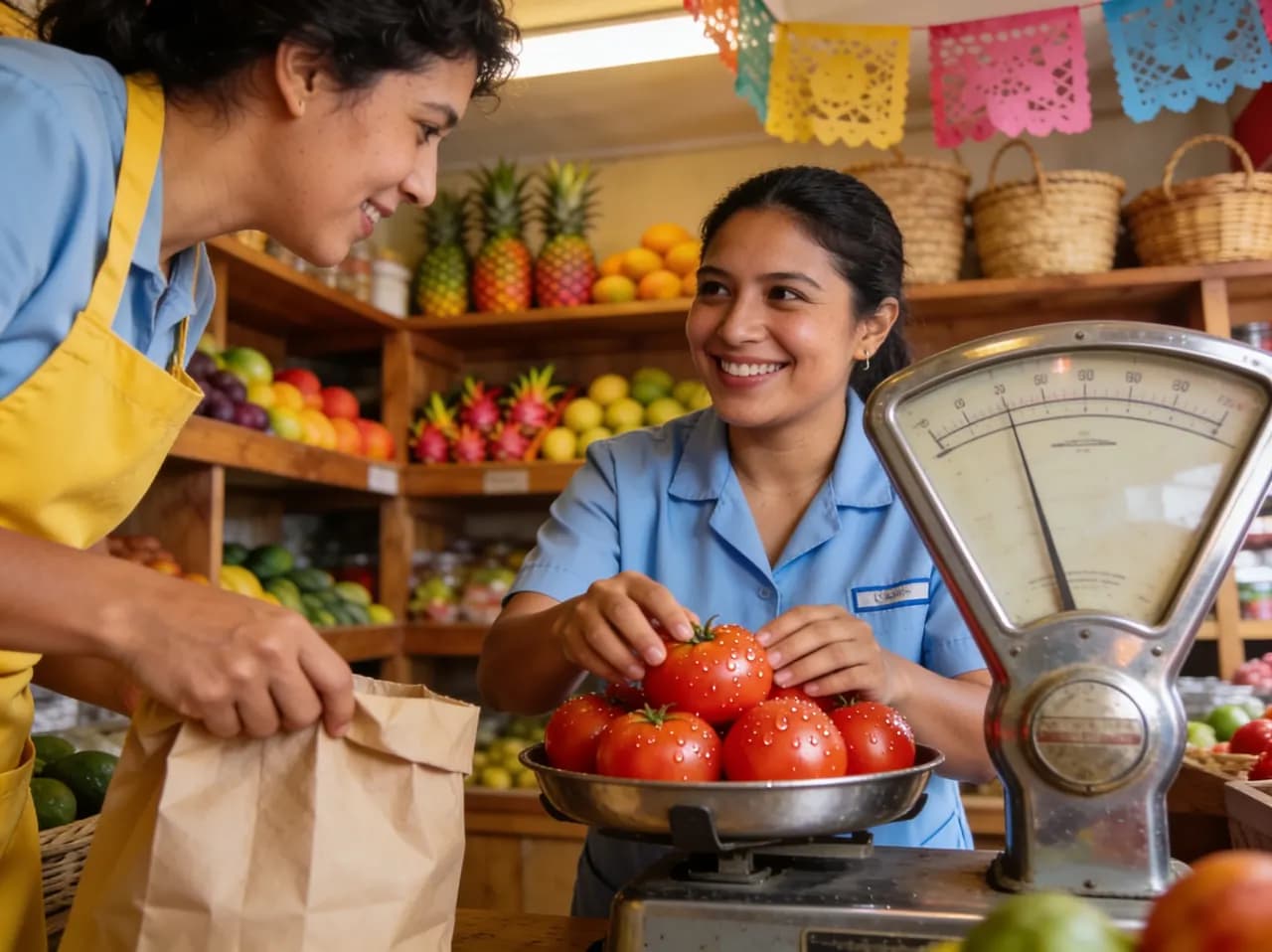 Empleada de supermercado pesando tomates frescos en la báscula del mostrador