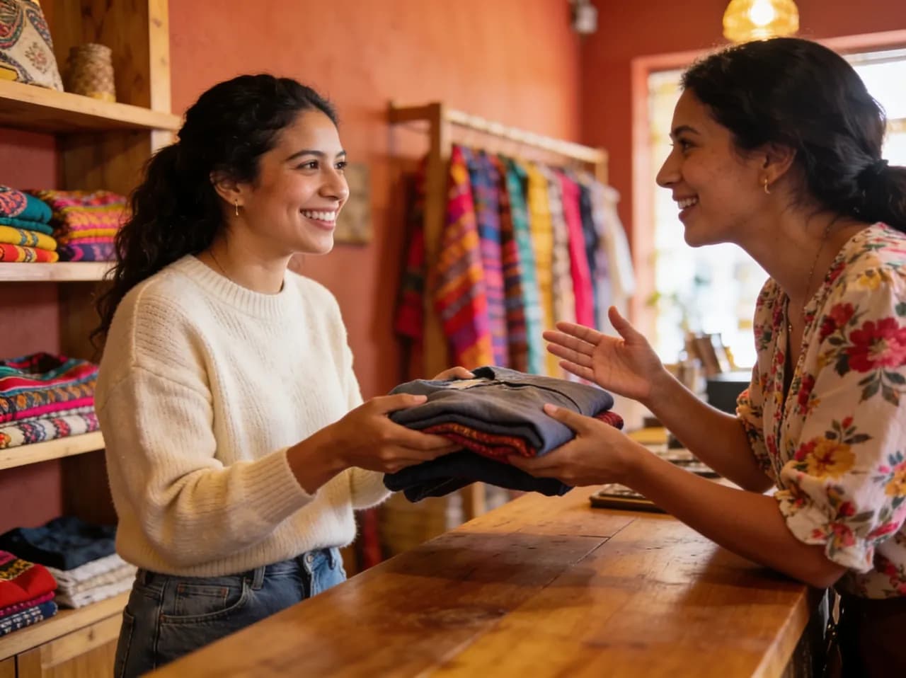 Clienta cambiando una prenda con la vendedora en el mostrador de la boutique
