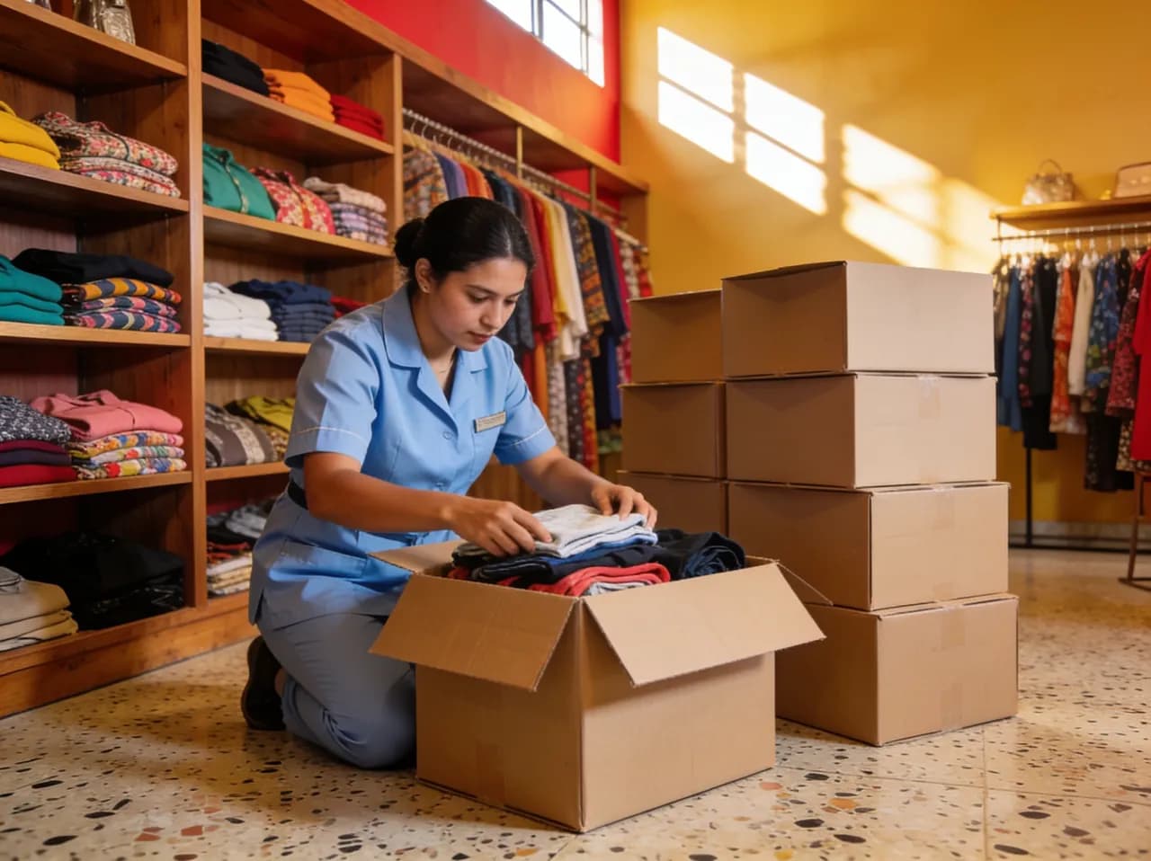 Empleada desempacando cajas de ropa doblada en el área de recepción de la tienda