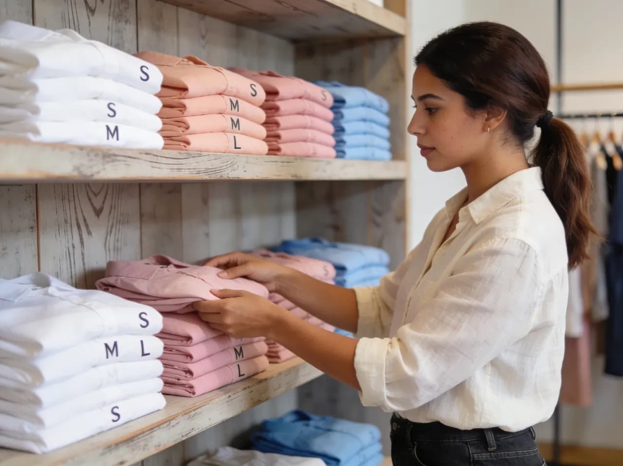 Vendedora ordenando camisetas dobladas por talla en los estantes de madera de la boutique