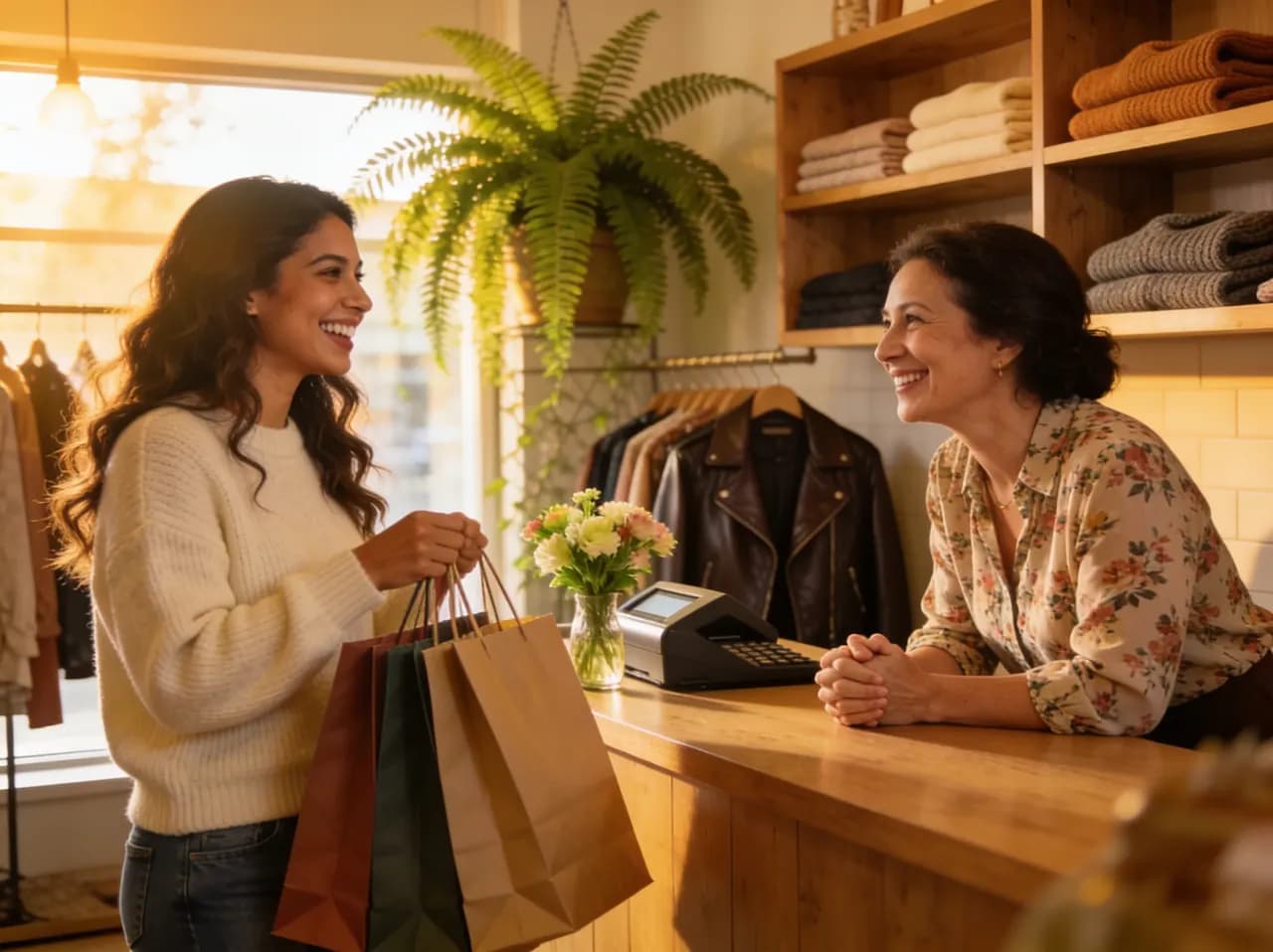 Clienta feliz con bolsas de compra en el mostrador mientras la dueña la despide